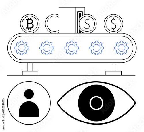 Coins labeled with cryptocurrency and dollar signs move on a conveyor belt with gears. Includes human profile and eye. Ideal for fintech, automation, cryptocurrency, economy, surveillance, finance