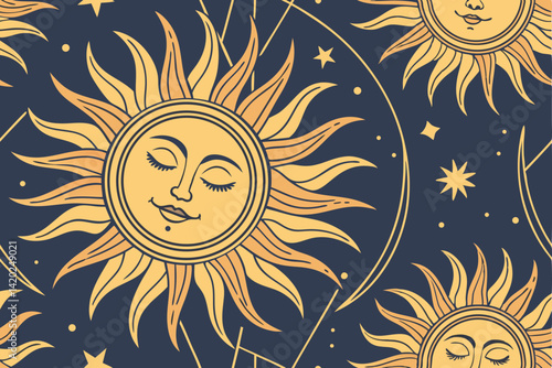 30 Celestial pattern, sun faces with closed eyes, circular motifs, night sky background, warm yellow and orange sun rays, crescent moons, stars, deep blue backdrop, mystical, seamless repeat pattern, 