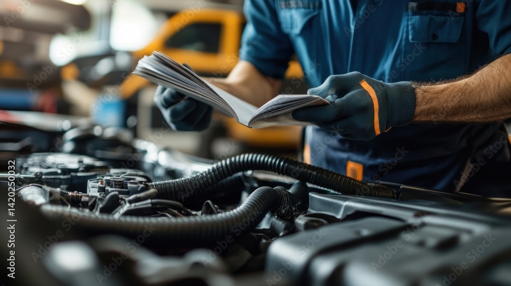 Mechanic Reviewing Manual While Working on Vehicle Engine Mechanic Reviewing Manual While Working on Vehicle Engine