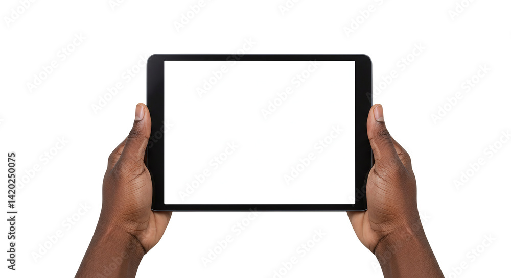 Hands holding tablet mockup with blank white screen for app or website design view isolated on transparent background Hands holding tablet mockup with blank white screen for app or website design view isolated on transparent background