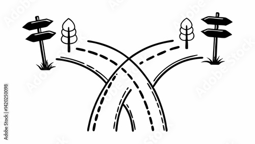 Road bifurcation illustration with signposts and trees in a monochrome design style vector image created with generated ai