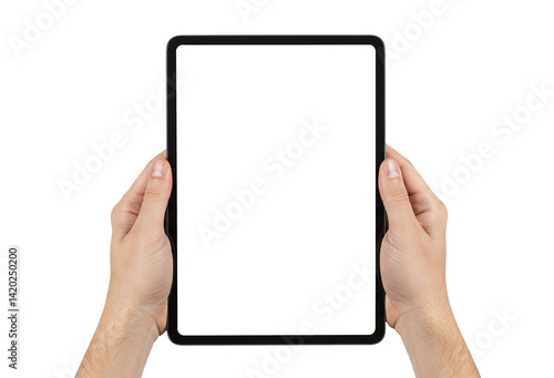 Hands holding digital tablet device mockup with blank white screen for app design isolated on transparent background