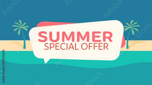 Summer special offer label with palm tree and sea waves