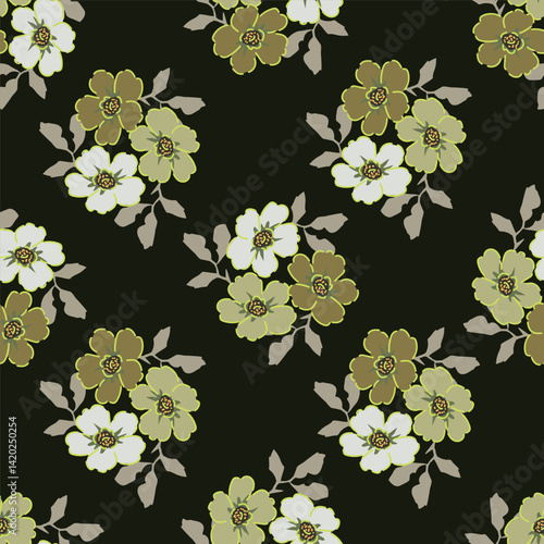 Vintage seamless floral pattern. Liberty style background of small mauve and lilac flowers. Small flowers scattered over a white background. Stock for printing on surfaces