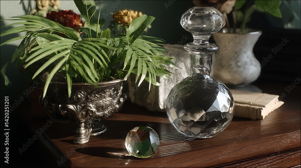 Fototapeta premium Refractive Elegance Still Life with Green Plants and a Glass Decanter on a Wooden Surface.