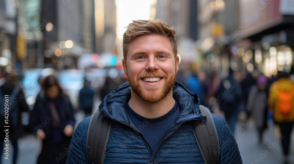 A man with a beard and a blue jacket is smiling in a busy city street A man with a beard and a blue jacket is smiling in a busy city street