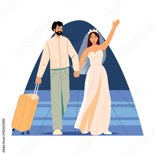 A newly married couple going on honeymoon trip, flat illustration