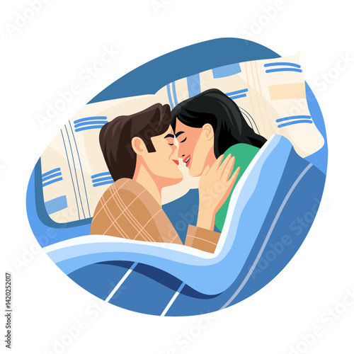 A flat style illustration of a couple cuddling with earth other