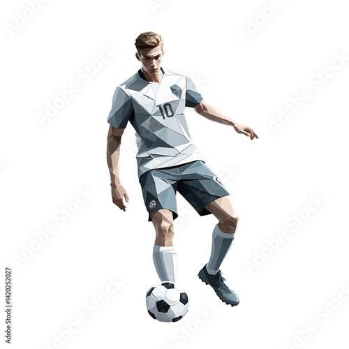Dynamic male soccer player dribbling in a modern geometric illustration style during an outdoor match