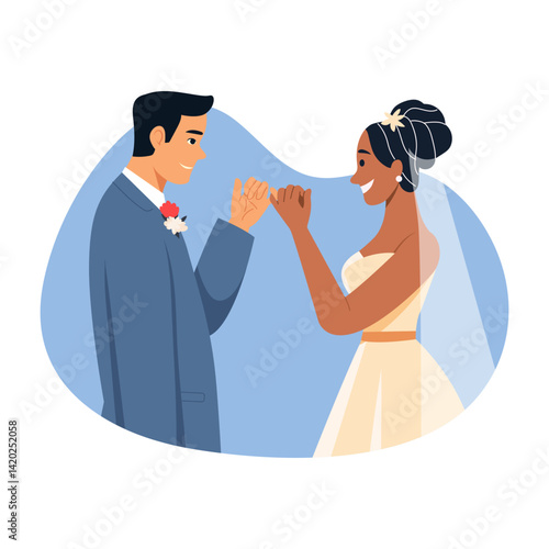 Bride and groom taking pinky promise, flat illustration