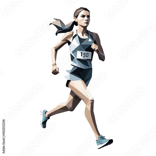 Young female athlete runs swiftly in a race wearing a numbered bib in a modern graphic design style