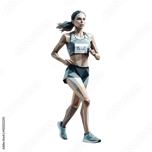 Young female athlete runs swiftly in a race wearing a numbered bib in a modern graphic design style