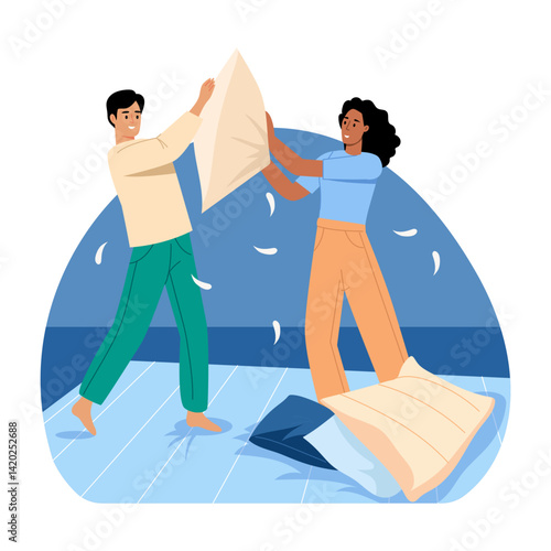 A couple doing a pillow fight, flat illustration