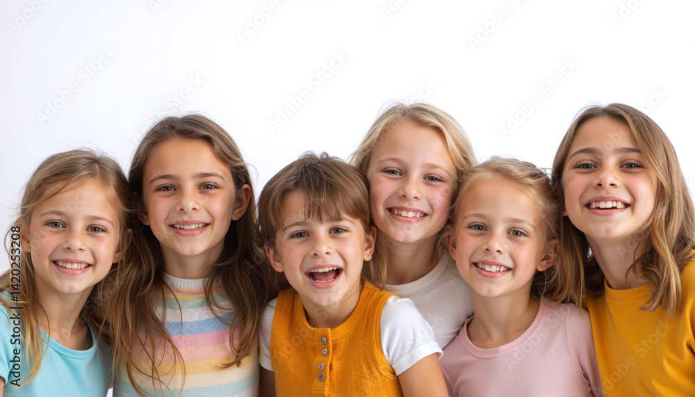 Six joyful children with bright smiles and colorful outfits posing closely together. Six joyful children with bright smiles and colorful outfits posing closely together.