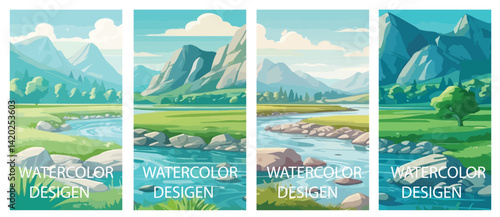 The river flows through the foot of the mountain Vector illustration. Set of backgrounds with a group of hikers climbing, equipped with backpacks and walking sticks.
