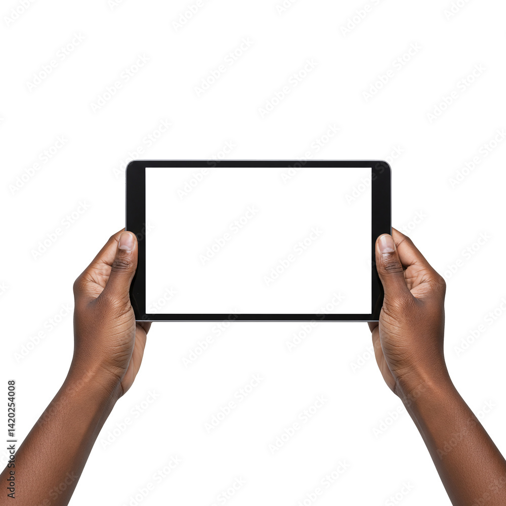 Person holding digital device mockup for app design presentation and advertising isolated on transparent background Person holding digital device mockup for app design presentation and advertising isolated on transparent background