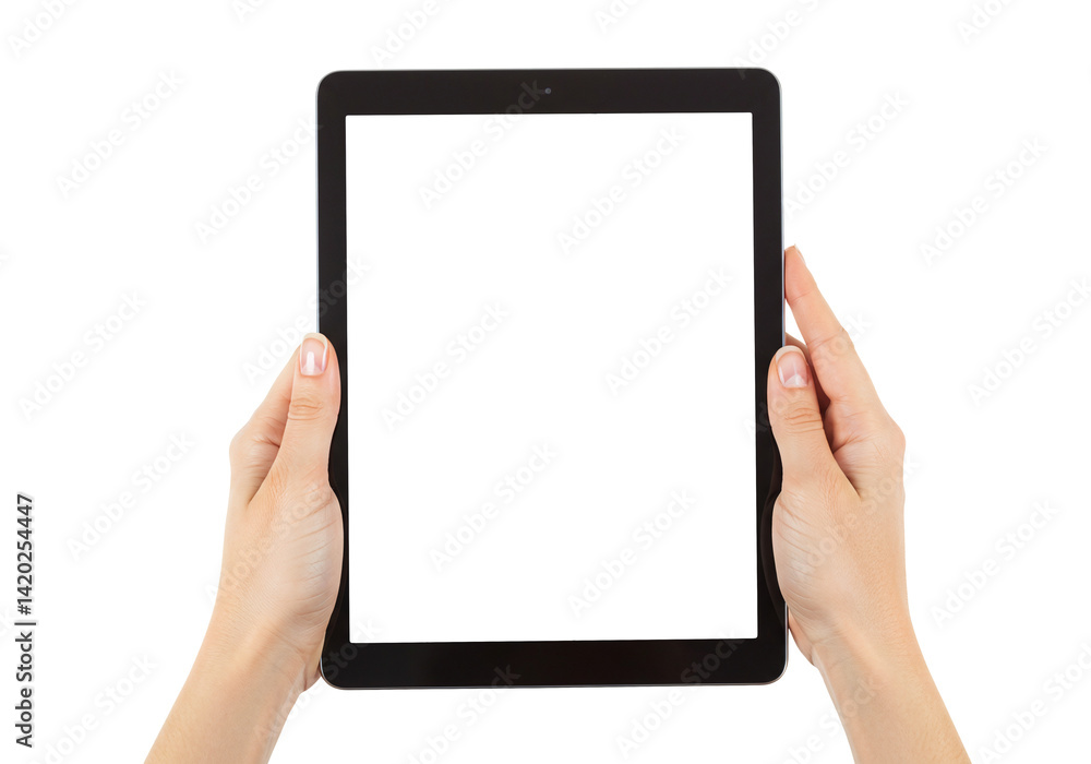 Hands holding black digital tablet device with blank screen mockup template for presentation app isolated on transparent background Hands holding black digital tablet device with blank screen mockup template for presentation app isolated on transparent background