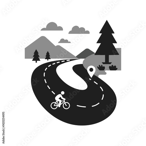 Flat Icon of a Cyclist on Scenic Road with Mountains and Trees for Outdoor Adventure and Exploration