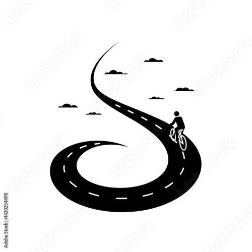 Flat Icon of a Cyclist on a Winding Road for Outdoor Recreation, Cycling Adventures, and Fitness
