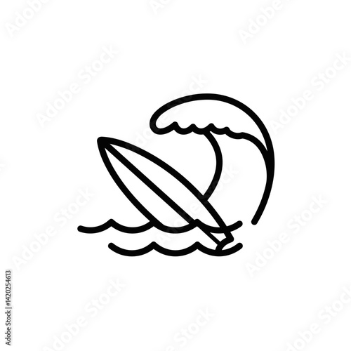 Flat Icon of Surfboard Riding Waves for Surfing Adventures, Coastal Tourism, Beach Activities, and Water Sports Promotion
