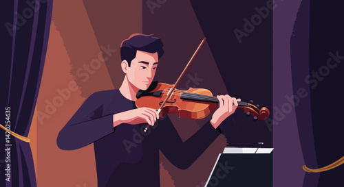 Young man playing violin on stage with curtains  