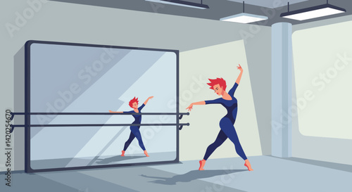Dancer Expressing Grace in a Studio with Mirror Reflections  