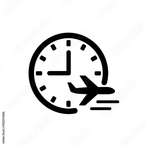 Flat clock with airplane icon symbolizing travel time management for travel blogs, aviation websites, time management guides and business travel content