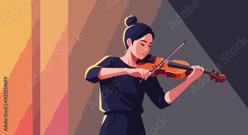 Female violinist playing passionately in a colorful backdrop  