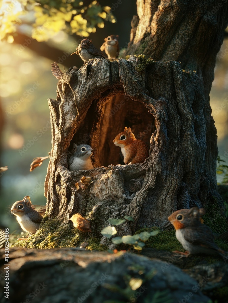 Obraz premium Whimsical woodland abode featuring squirrel family in an ancient tree trunk