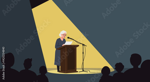 Elderly Woman Speaking Confidently at a Podium Under Spotlight  