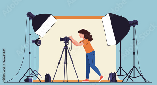 Woman Using Camera in Photography Studio Setup  