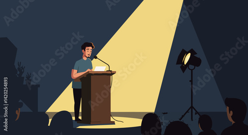 Speaker delivering a presentation on stage under spotlight  