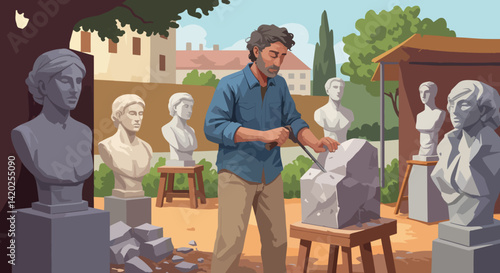 Sculptor Creating Busts in an Outdoor Art Studio  
