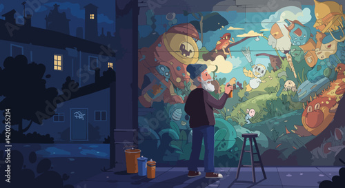 Artist painting vibrant mural on wall at night  