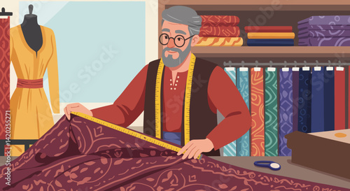 Elderly tailor measuring fabric in a vibrant sewing shop  