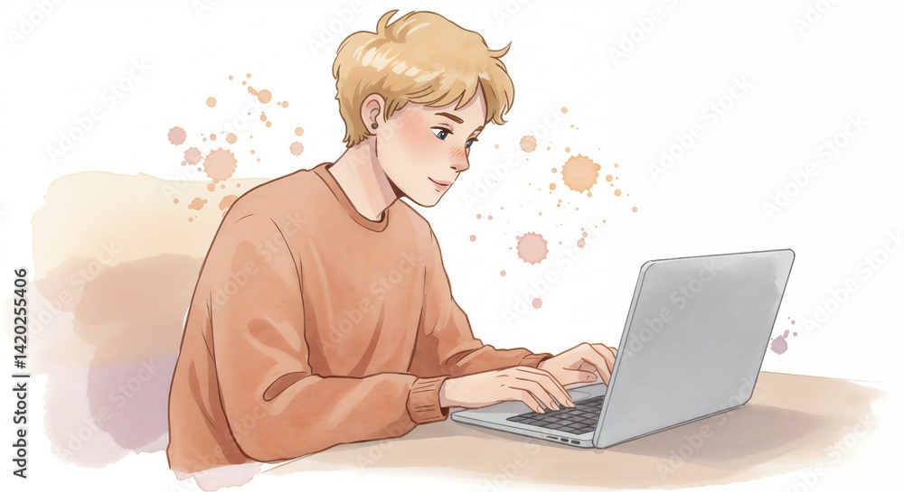 Fototapeta premium Teenager using laptop, showing concentration, digital work, pastel colors, for websites