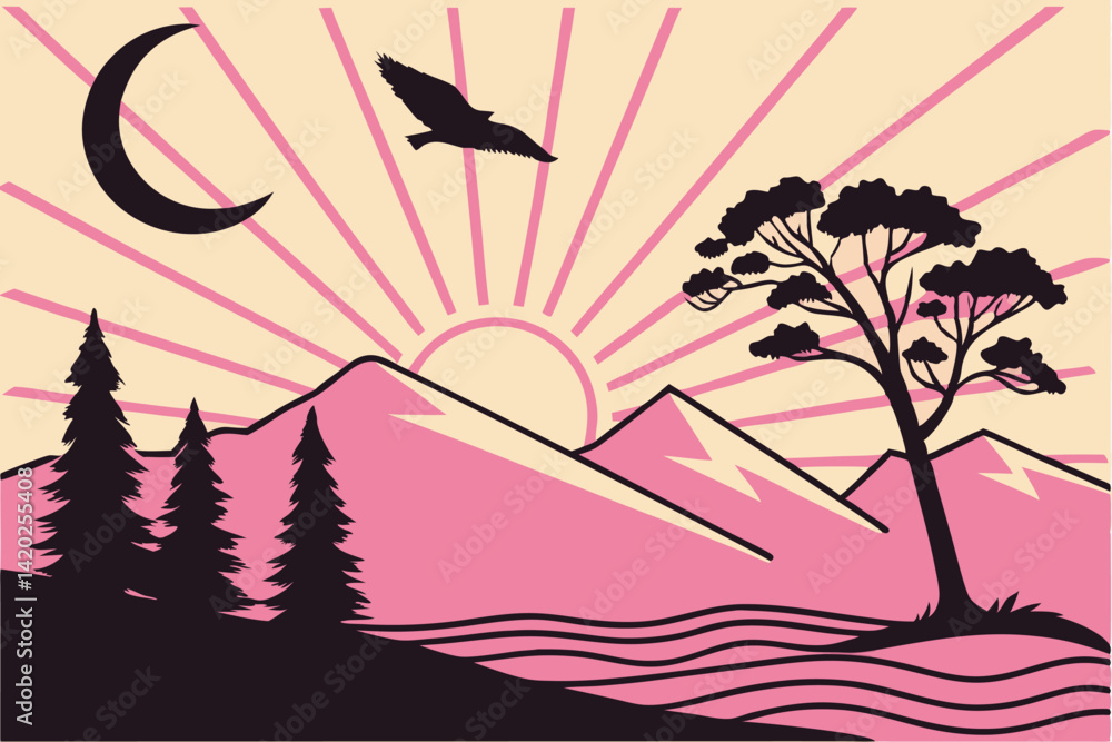 Naklejka premium 32 Minimalist landscape illustration, vibrant pink sunset, yellow mountains, stylized trees, geometric shapes, crescent moon, flying bird, black and pink color palette, flat design, vector art style, 