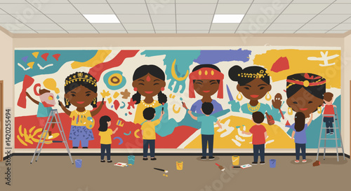 Community members collaborating joyfully on a vibrant mural  