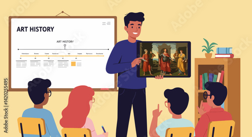 Teacher presenting art history to engaged students in classroom  