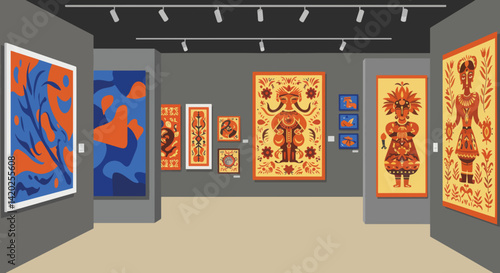 Art Gallery Interior Displaying Colorful Modern Artwork  