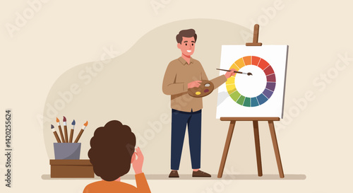 Art instructor demonstrating color wheel to students in studio  