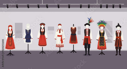 Traditional Costumes Displayed in a Modern Exhibition Hall  