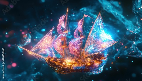 Fototapeta Naklejka Na Ścianę i Meble -  Stardust Voyager: An ethereal ship sailing through a celestial expanse illuminated with cosmic light