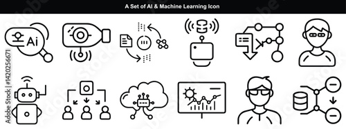 Artificial Intelligence & Machine Learning icons  ,intelligence set of web icons in line style. AI technology icons for web and mobile app.
