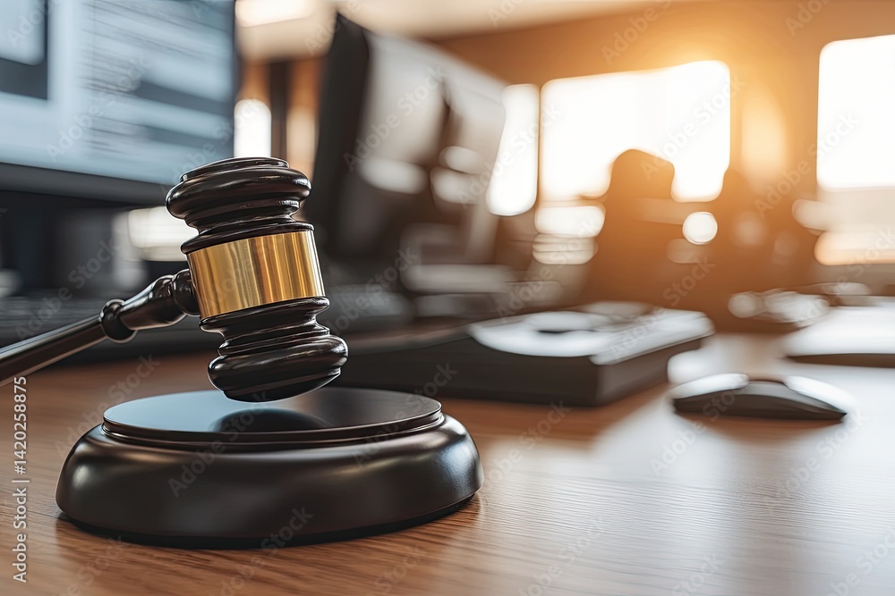 Gavel on desk in office setting. Legal concept Gavel on desk in office setting. Legal concept