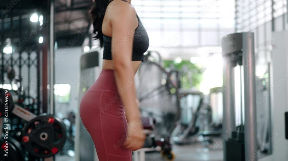 Professional female athlete performing intense squat workout in modern fitness center, strengthening lower body muscles through resistance training Professional female athlete performing intense squat workout in modern fitness center, strengthening lower body muscles through resistance training