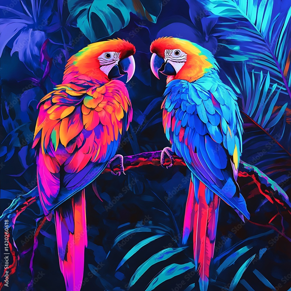 Obraz premium Psychedelic parrot pair illustration with neon jungle theme
