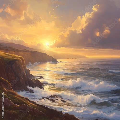 Sunlight dipping below ocean line with cliffs in silhouette high resolution picture