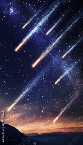 Dramatic scene of meteorites showering through a colorful starry sky with a comet s tail visible