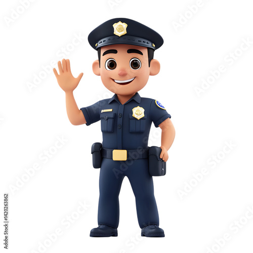 Friendly Cartoon Police Officer Waving on Transparent Background